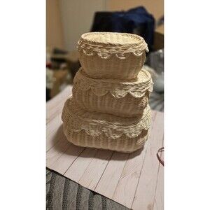 Set of 3 Wicker Nested Storage Baskets Scalloped Edge Cottage Farmhouse Boho